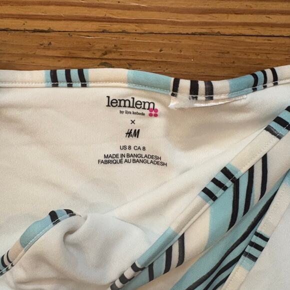 H&M blue black white striped smocked tie top bikini swimsuit SIZE M - Picture 5 of 6